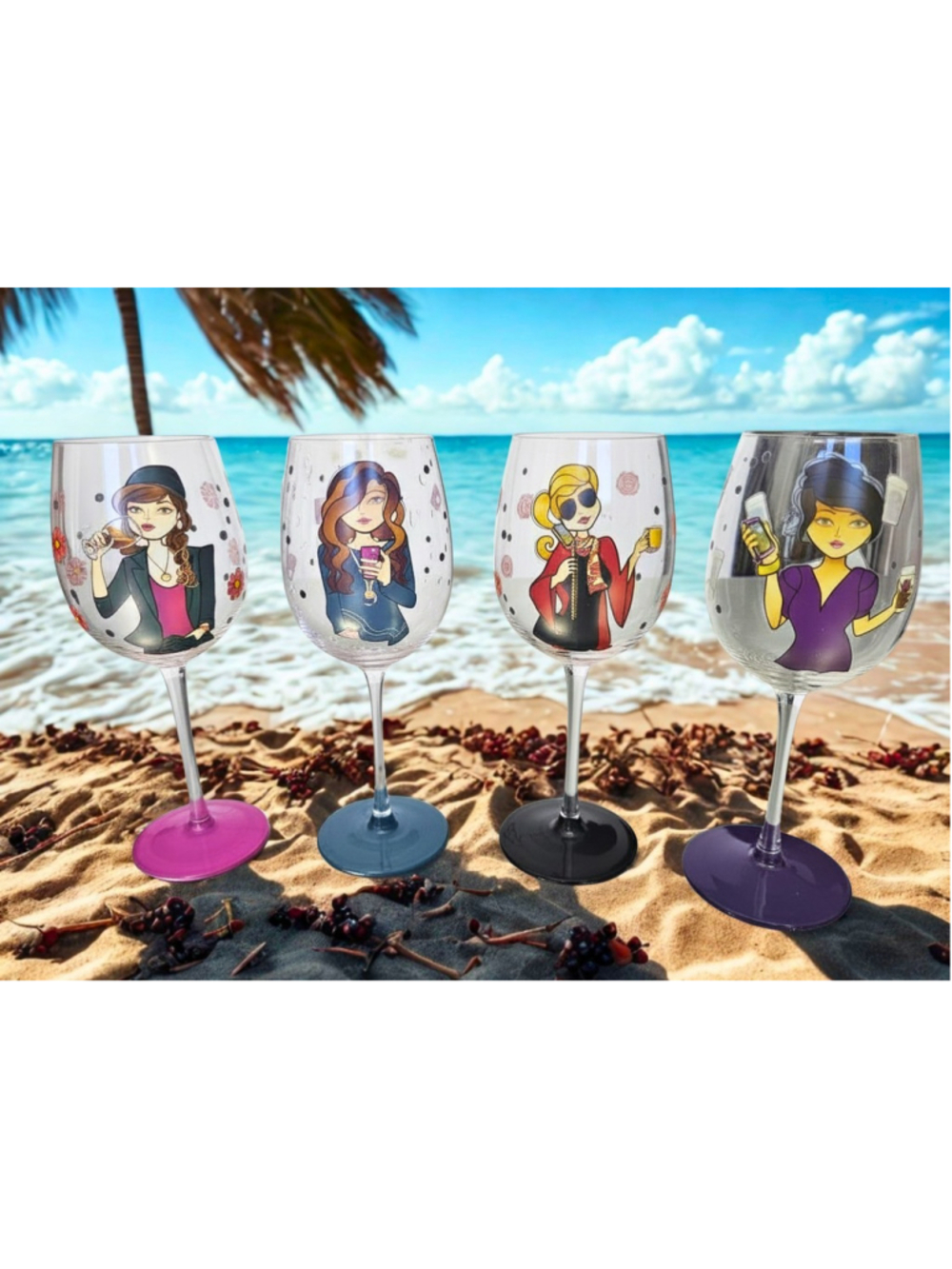 Handpainted Bottom's Up by 95 & Sunny, 4 Wine Glasses